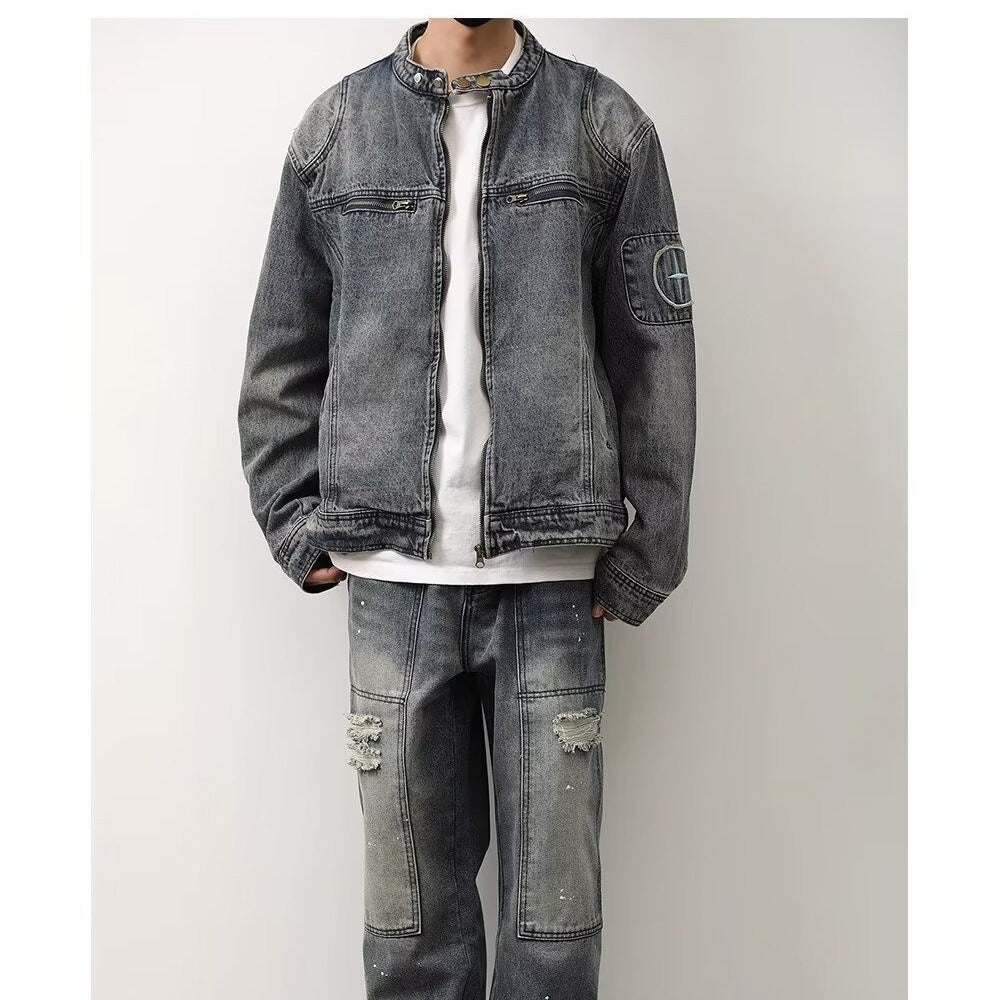 Herren Jeansjacke im Vintage‑Wash mit Stehkragen und Reißverschluss Nord Taschen