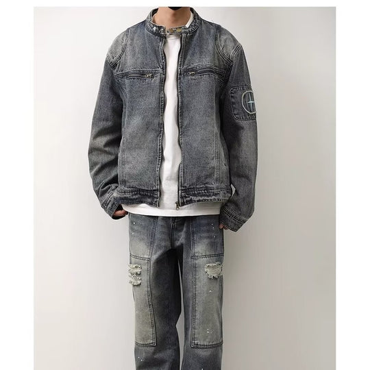 Herren Jeansjacke im Vintage‑Wash mit Stehkragen und Reißverschluss Nord Taschen