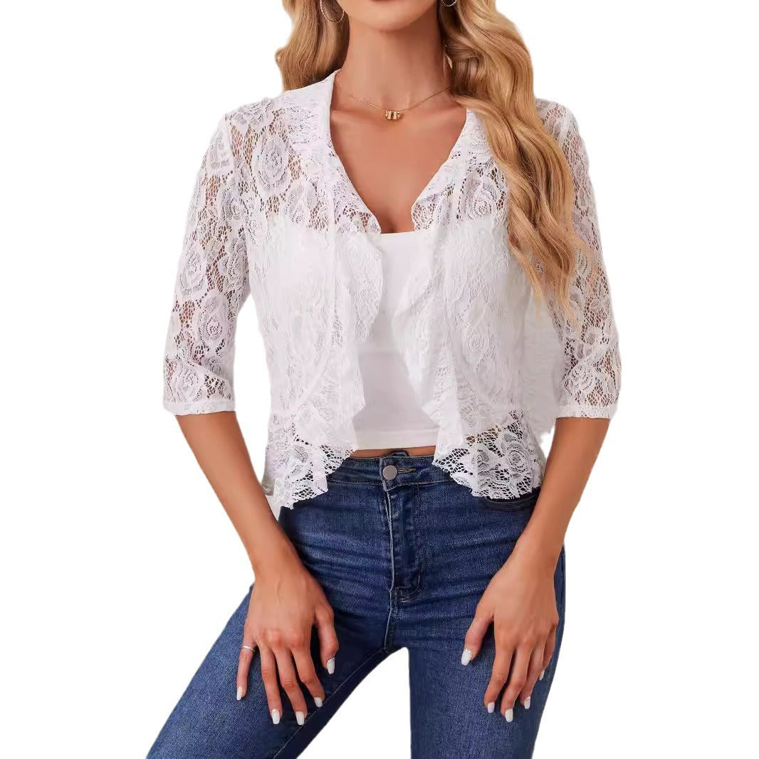 Damen Spitzenjacke mit romantischem Schnitt und dekorativen Rüschen