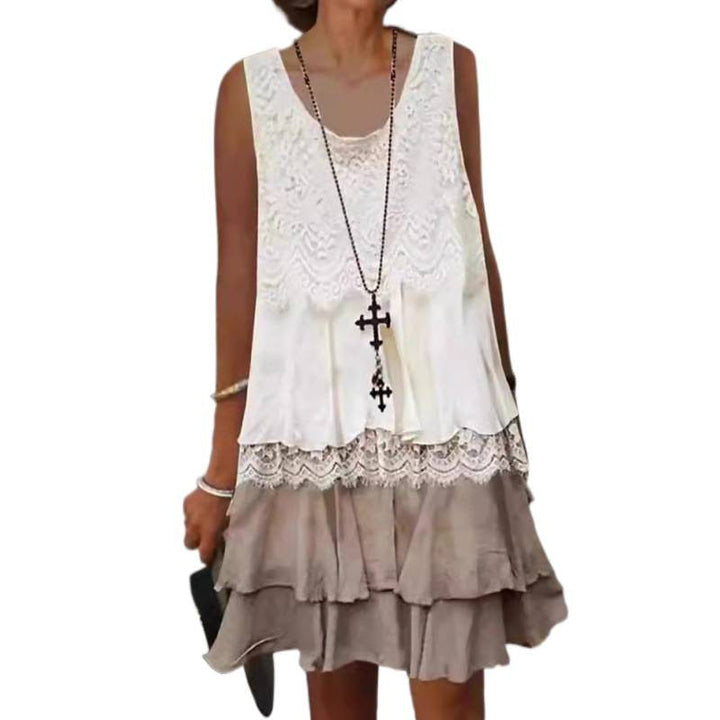 Damen lässiges Strandkleid mit Spitzenverzierung und voluminösem Rüschensaum