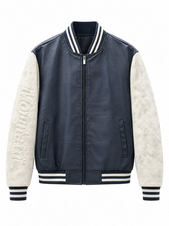 Herren Varsity‑Bomberjacke im College‑Stil mit Lederimitatkörper und kontrastierenden Wildlederärmeln Nord Taschen