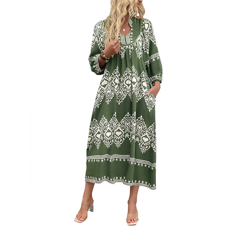 Damen Langes Boho‑Maxikleid mit lockerer A‑Linie, U‑Ausschnitt und aufgesetzten Taschen Nord Taschen