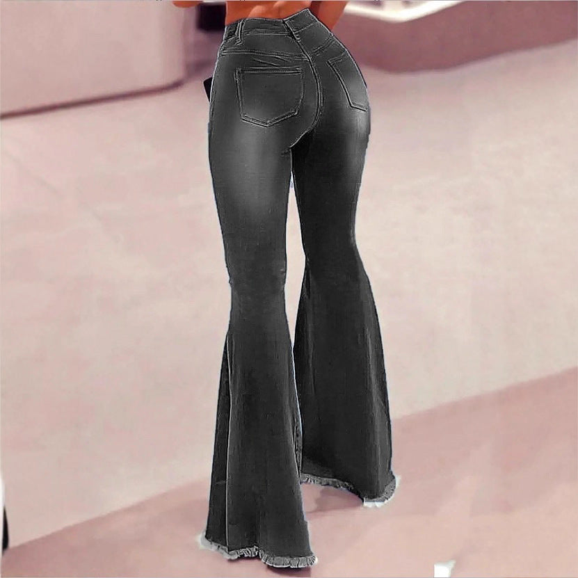 Damen Hochtaillierte Flared-Jeans mit Knie-Rissen, Fransen-Saum und ausgestelltem Bein Nord Taschen