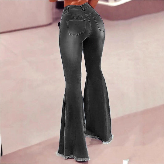 Damen Hochtaillierte Flared-Jeans mit Knie-Rissen, Fransen-Saum und ausgestelltem Bein Nord Taschen