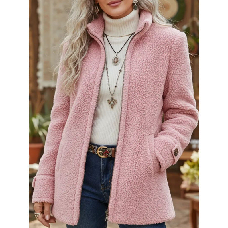 Damen Kuscheliger Teddy-Cardigan-Mantel mit Stehkragen, verdecktem Reißverschluss und Zierknopfmanschetten Nord Taschen