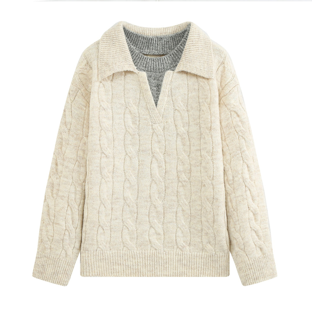 Damen Grobgestrickter Zopfmuster-Pullover mit offenem Polokragen und V‑Ausschnitt Nord Taschen