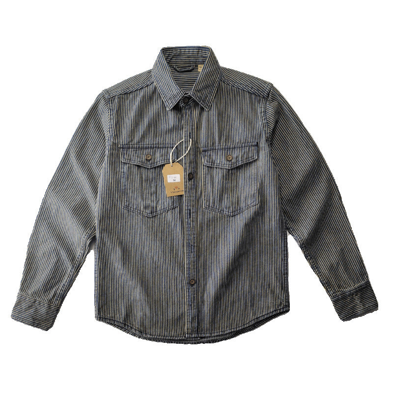 Herren Leichte gestreifte Denim-Worker-Hemdjacke mit aufgesetzten Pattentaschen Nord Taschen