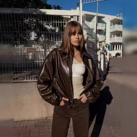 Damen Oversize Kunstleder Blouson mit Reißverschluss und elastischem Saum Nord Taschen