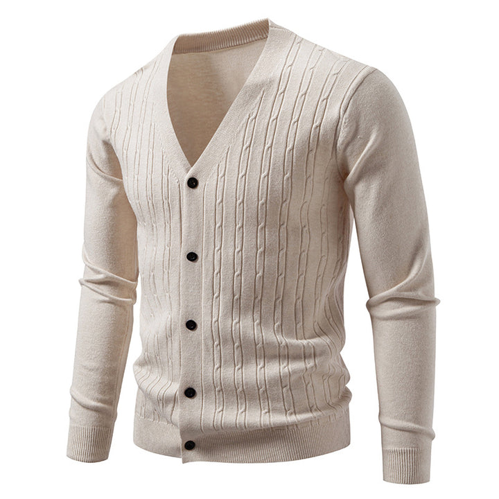 Herren Feinstrick-Cardigan mit tiefem V-Ausschnitt schmaler Passform und vertikalem Zopfstrick Nord Taschen
