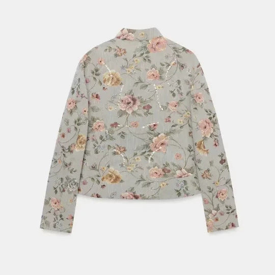 Damen Cropped gesteppte Blousonjacke mit botanischem Blumenprint und Mandarin‑Stehkragen Nord Taschen
