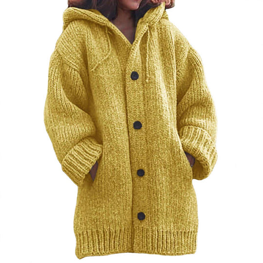 Damen Langgezogener Grobstrick-Mantelcardigan mit Kapuze, überschnittener Schulter und großen Knöpfen Nord Taschen