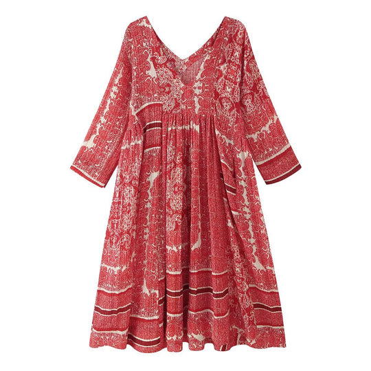 Damen Langes Boho-Maxikleid mit V-Ausschnitt und geraffter Empire-Taille Nord Taschen