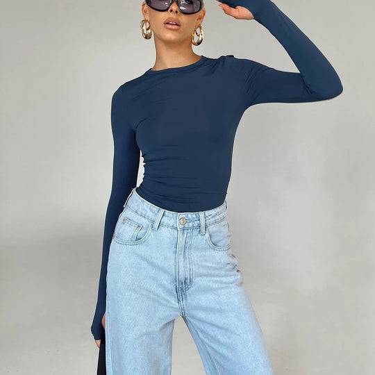 Damen Figurbetontes Crop-Longsleeve mit Daumenlöchern Nord Taschen
