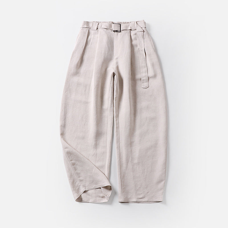 Damen Hochtaillierte Leinen-Baumwoll Bundfaltenhose mit Bindegürtel und tapered Bein Nord Taschen