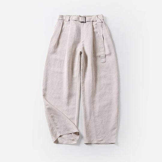 Damen Hochtaillierte Leinen-Baumwoll Bundfaltenhose mit Bindegürtel und tapered Bein Nord Taschen
