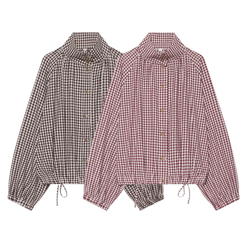 Damen Karierte Cropped‑Bluse mit Stehkragen, Tunnelzugsaum und Ballonärmeln Nord Taschen