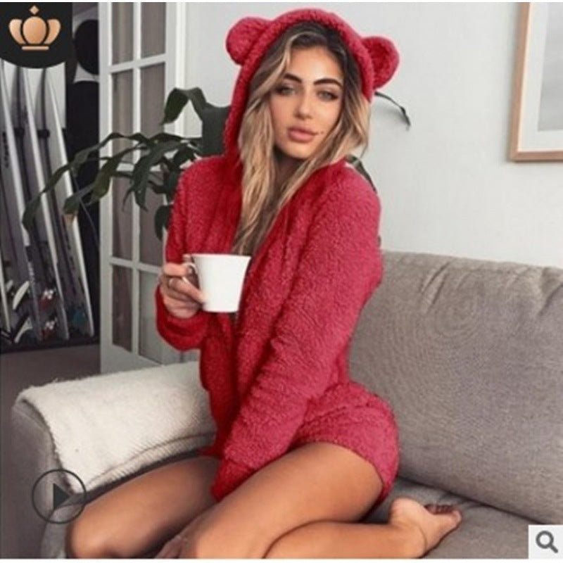 Damen Kuscheliger Teddy-Playsuit mit Kapuze und Bärenohren Nord Taschen