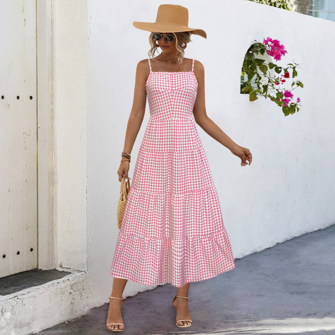 Damen Maxikleid im karierten Design mit Taillenakzent und Rüschensaum