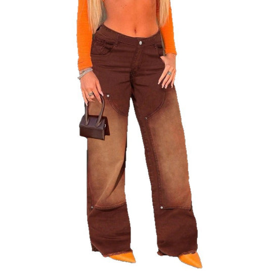 Damen weite Patchwork-Jeanshose mit hoher Taille und ausgefranstem Saum Nord Taschen