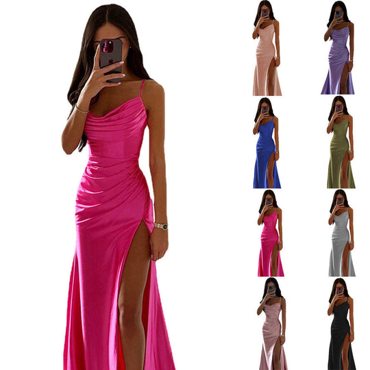 Schnürung Falten Schlitz Satin Schmaler Schnitt Bodycon Kleid - Arvani
