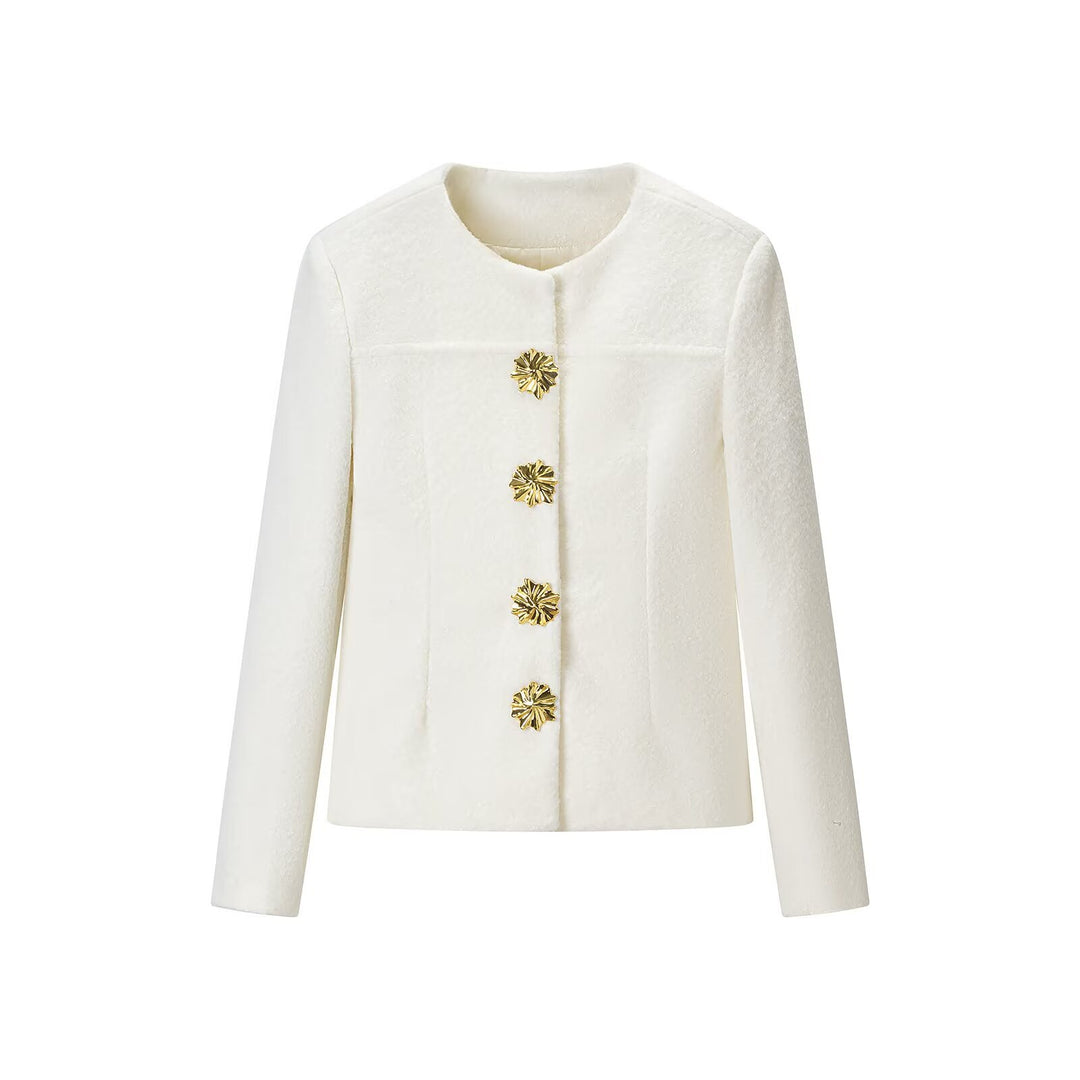 Damen Taillierte Bouclé-Kurzjacke mit rundem Ausschnitt und goldenen Schmuckknöpfen Nord Taschen
