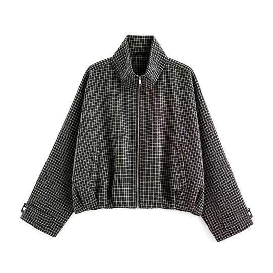Damen Cropped Übergangsjacke mit hohem Funnelkragen, Karomuster und elastischem Saum Nord Taschen