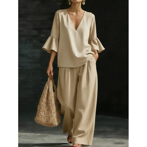Damen Zweiteiliges V-Ausschnitt-Tunika-Set mit Volantärmeln und weitem hochtaillierten Palazzo-Hose Nord Taschen