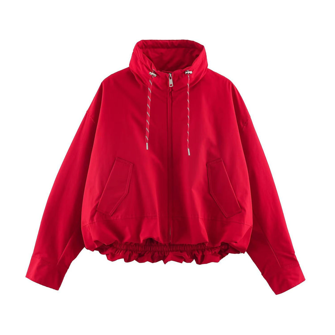 Damen Cropped Oversize Windbreaker mit hohem Funnelkragen, Kordelzug und gerafftem Elastikbund Nord Taschen