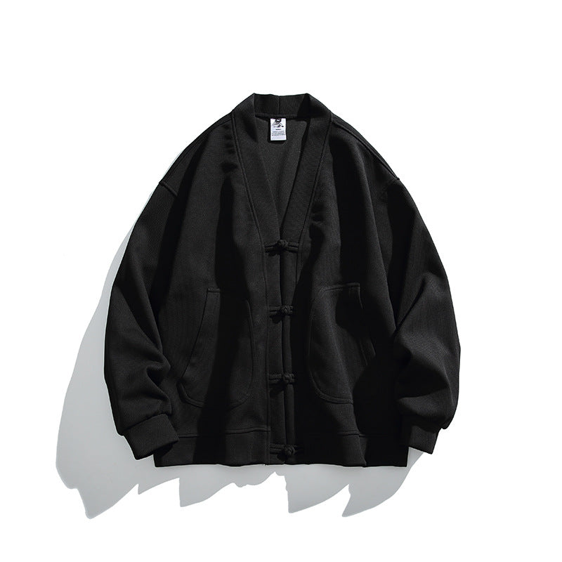 Herren weit geschnittene Kimono-Jacke im Hanfu-Stil mit Kordelverschlüssen und aufgesetzten Taschen Nord Taschen