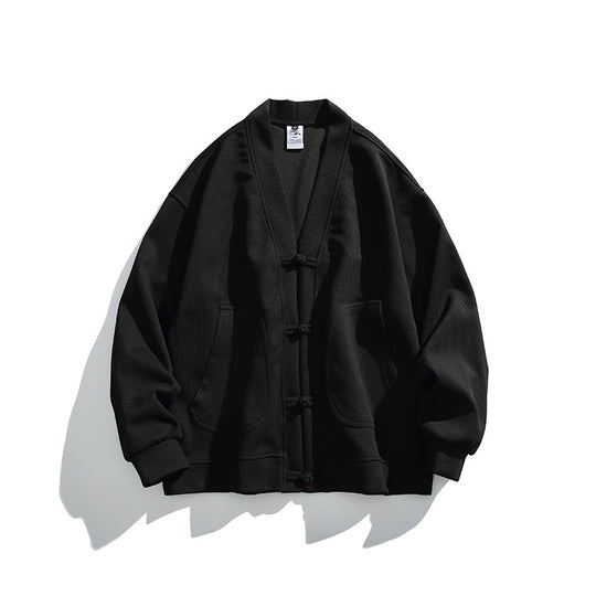 Herren weit geschnittene Kimono-Jacke im Hanfu-Stil mit Kordelverschlüssen und aufgesetzten Taschen Nord Taschen