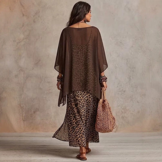 Damen Boho-Maxikleid mit transparentem Poncho-Overlay und Leopardenmuster Nord Taschen