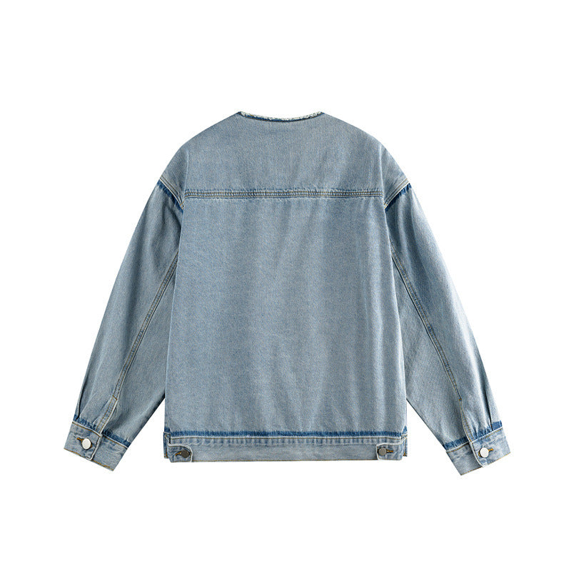 Herren Oversize-Denimblouson ohne Kragen mit rohem Halsausschnitt und Pattentaschen Nord Taschen