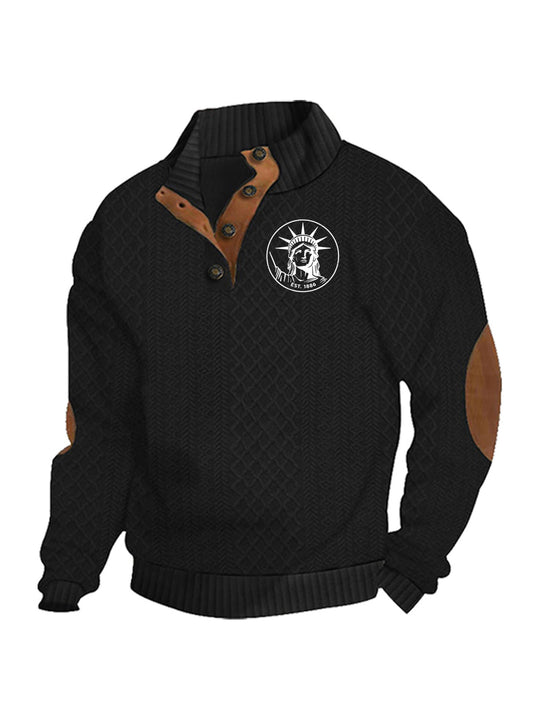 Herren nan Heritage-Strukturpullover mit Stehkragen Lederimitat-Besatz Ellenbogen-Patches und Halbknopfleiste