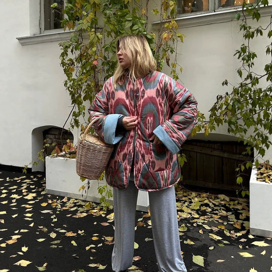 Damen Stepp-Kimonojacke mit Ikat-Print, Oversize‑Schnitt und kontrastierenden Bündchen Nord Taschen