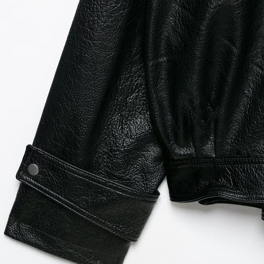 Damen Oversized Kunstlederjacke mit hohem Stehkragen und Zipper-Taschen Nord Taschen
