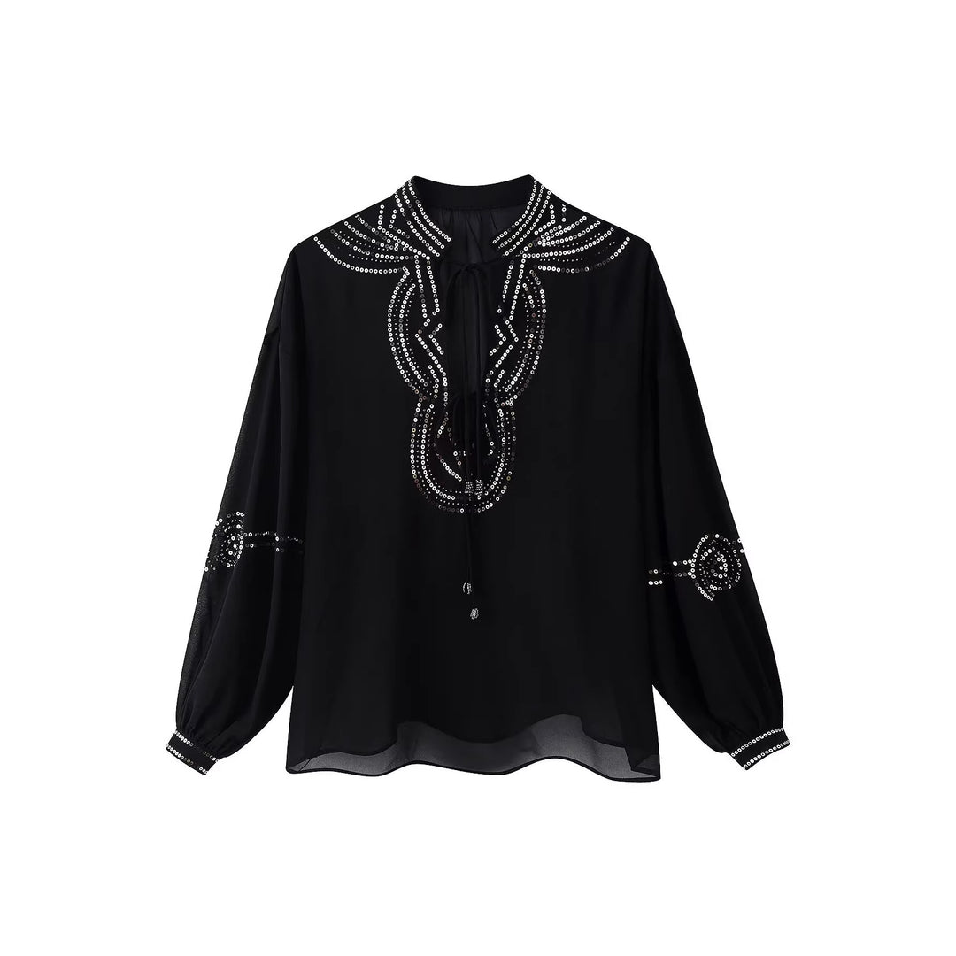 Damen Chiffonbluse mit Paillettenbesatz, Ballonärmeln und Bindekragen Nord Taschen