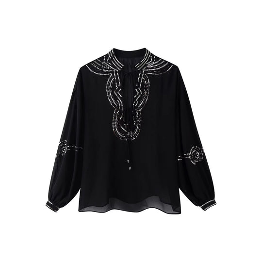 Damen Chiffonbluse mit Paillettenbesatz, Ballonärmeln und Bindekragen Nord Taschen