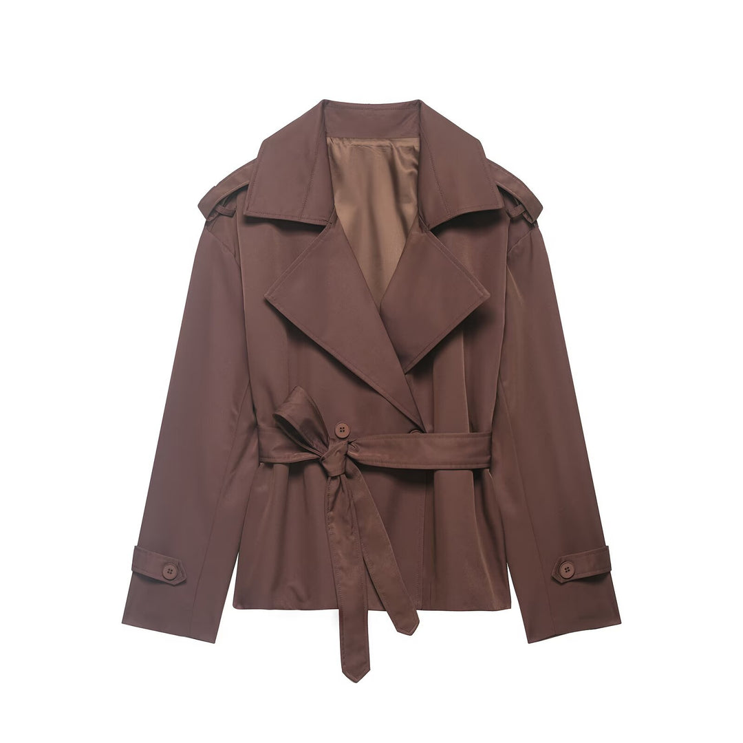 Damen Leichter Taillierter Trench mit Bindegürtel, Schulterklappen und Satinfutter Nord Taschen
