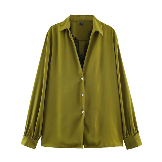 Damen Seidige Oversize-Bluse mit Spitzeneinsatz und Hemdkragen Nord Taschen