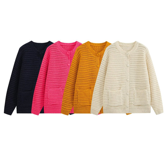 Damen Grobgestrickte Oversize-Cardigan mit Knopfleiste und aufgesetzten Taschen Nord Taschen