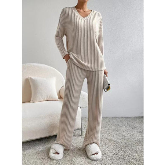 Damen Gemütliches Rippstrick-Loungewear-Set mit V-Ausschnitt und weitem Bein Nord Taschen