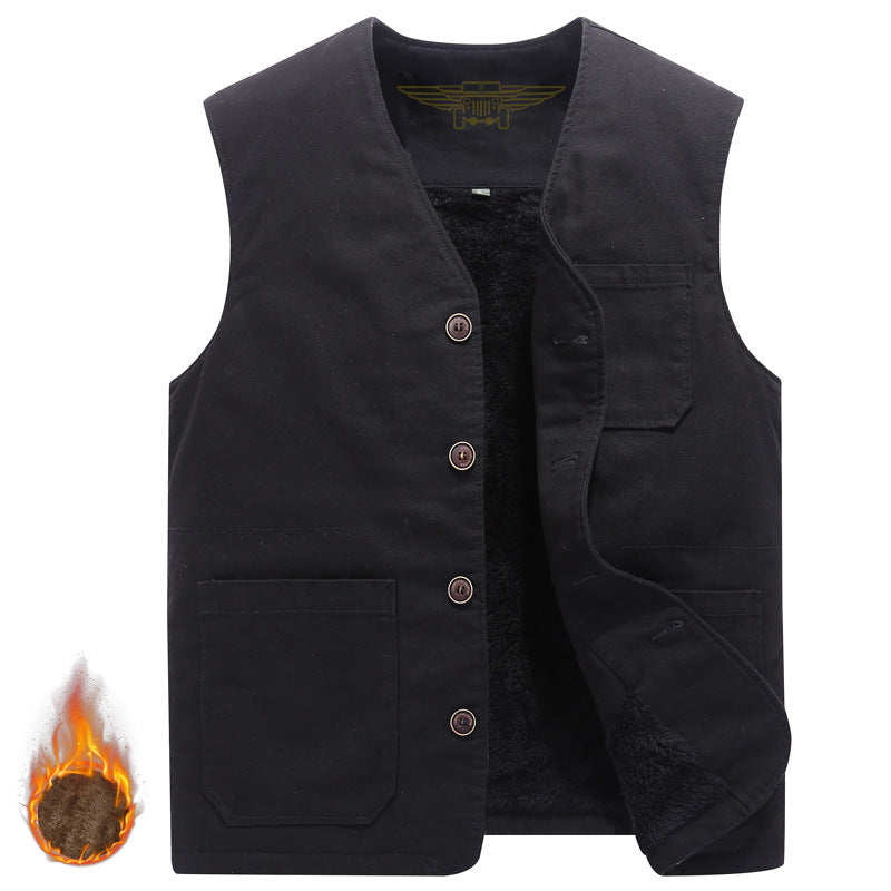 Herren Robuste Thermo-Canvas‑Weste mit wärmendem Teddyfutter und Knopfverschluss Nord Taschen