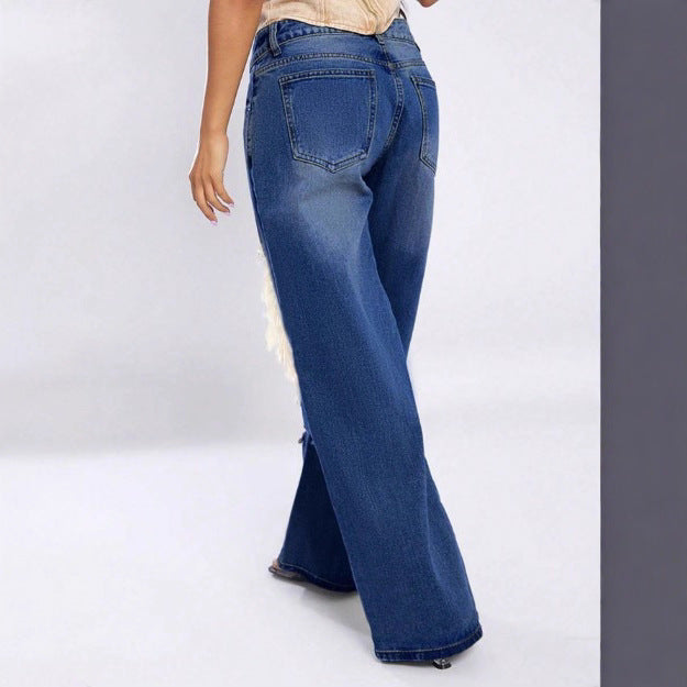 Damen extraweite Destroyed-Denim-Jeans mit großen Knieausbrennungen und hoher Taille Nord Taschen