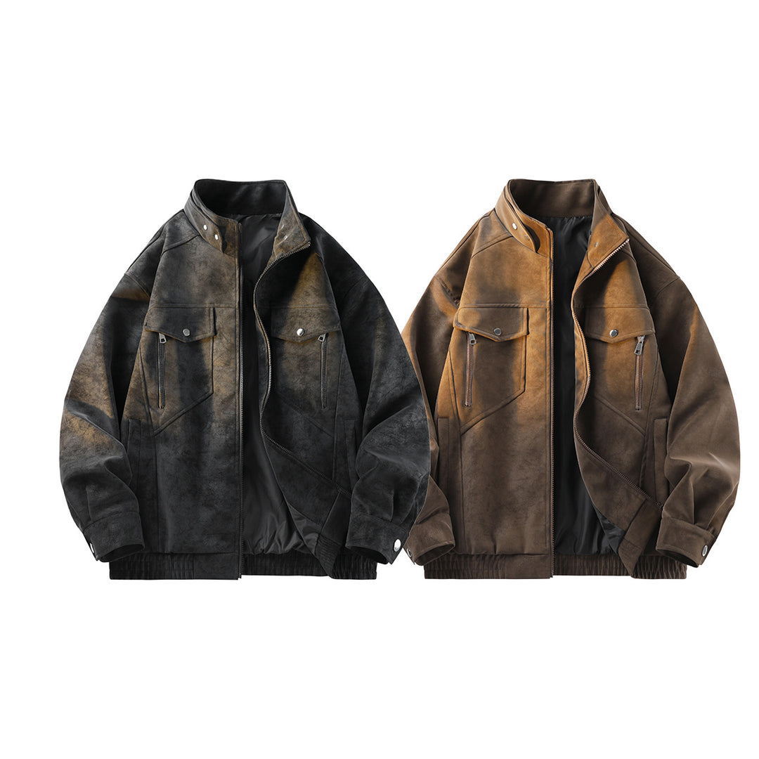 Herren Vintage-Optik Wildlederjacke mit Stehkragen, Utility-Taschen und Reißverschluss Nord Taschen