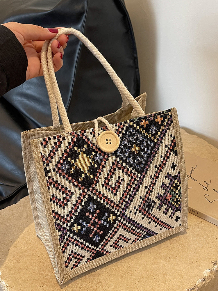 Damen Jute-Tasche mit kunstvollem, gewebtem Muster und praktischen Henkeln Nord Taschen