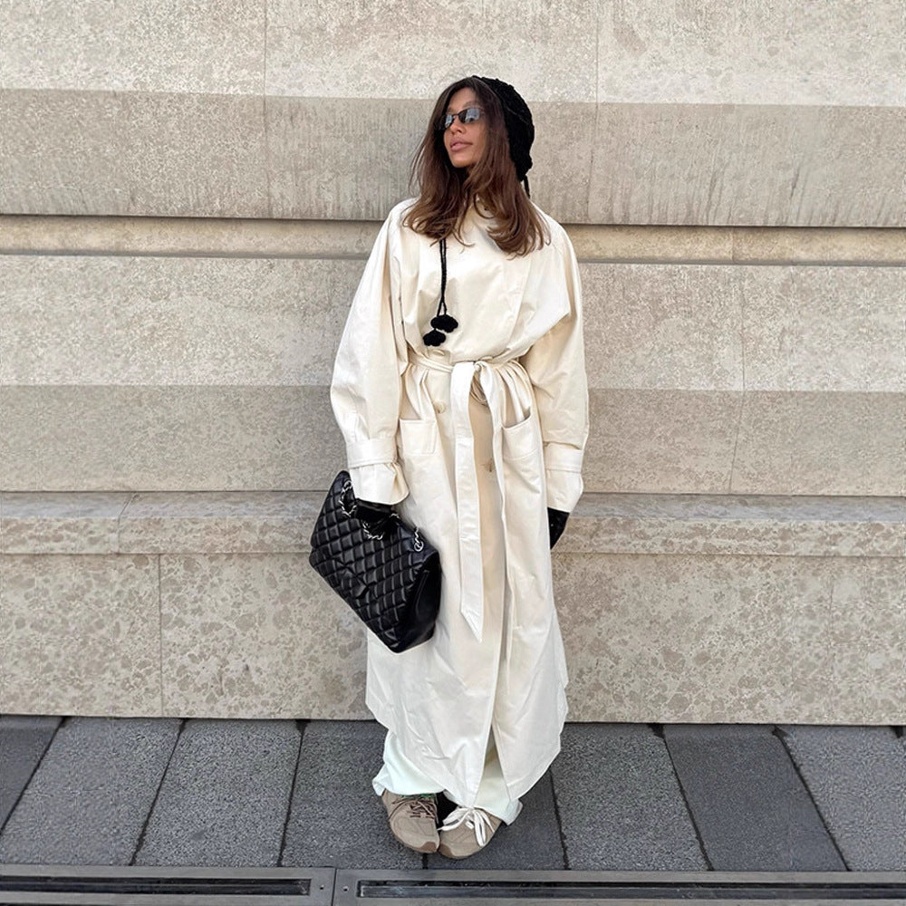 Damen Maxilanger taillierter Trenchcoat aus leichter Baumwollmischung mit Bindegürtel Nord Taschen