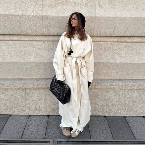 Damen Maxilanger taillierter Trenchcoat aus leichter Baumwollmischung mit Bindegürtel Nord Taschen
