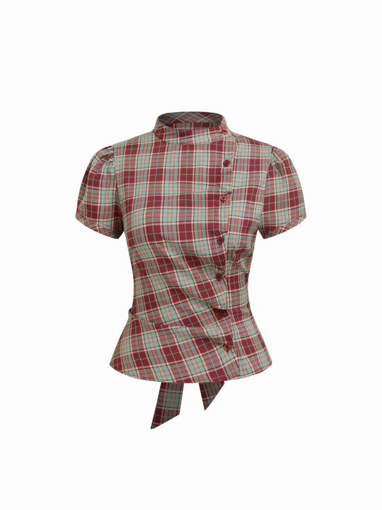 Damen Karierte Bluse mit hoher Taille und Puffärmeln