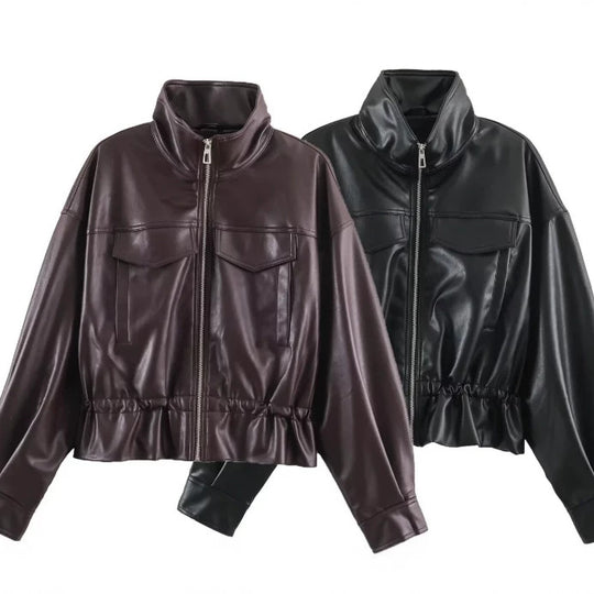 Damen Cropped Kunstleder‑Blouson mit Stehkragen, Pattentaschen und Tunnelzugtaillierung Nord Taschen
