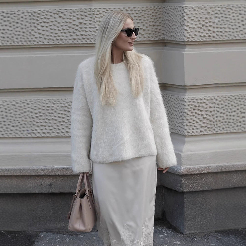Damen Kuscheliger Mohair‑Optik Pullover mit Rundhalsausschnitt und legerer Silhouette Nord Taschen